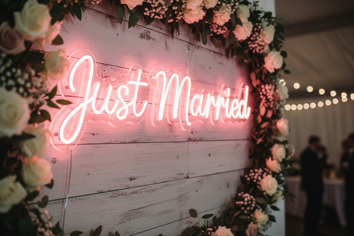 create me a realistic wedding neon sign 